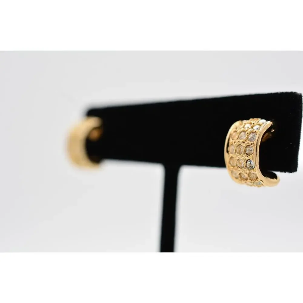 JJI Vintage Hoop Earrings Rhinestone Crystal Gold Tone Signed 9L